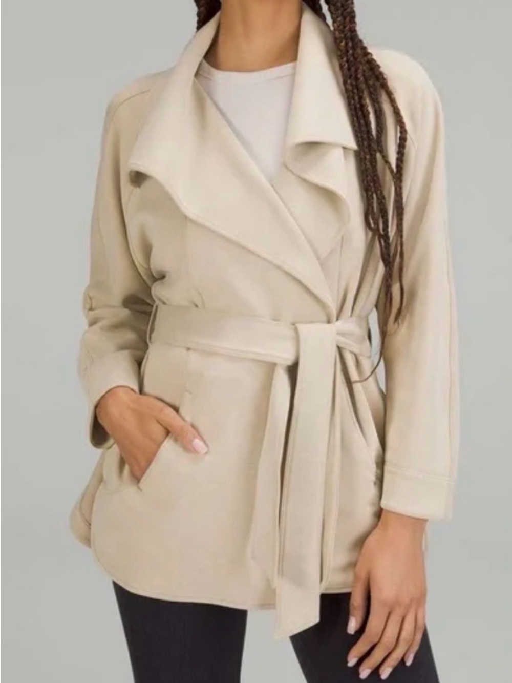 Lululemon Athletica Softstreme Beige Belted Wrap Trench Coat Sz M / L